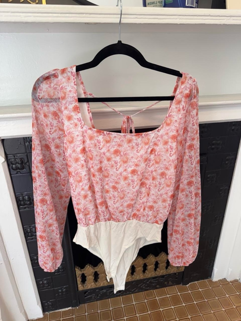 Source Unknown Pink Floral Long-Sleeve Bodysuit with Cream Waist